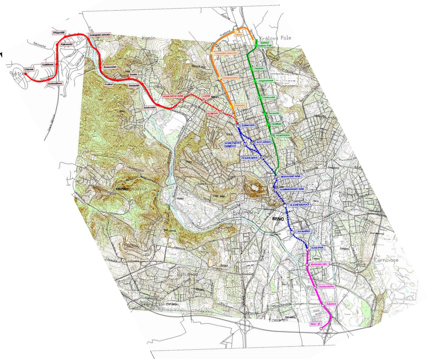 Trasy severojižního tramvajového diametru ve studii pro město Brno